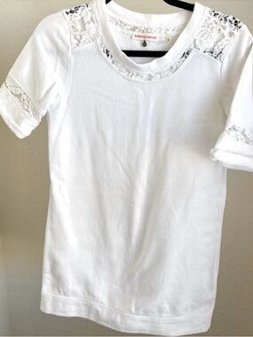 Rebecca Taylor White Cotton Sweatshirt Material Short Sleeve Top Lace Cutouts XS